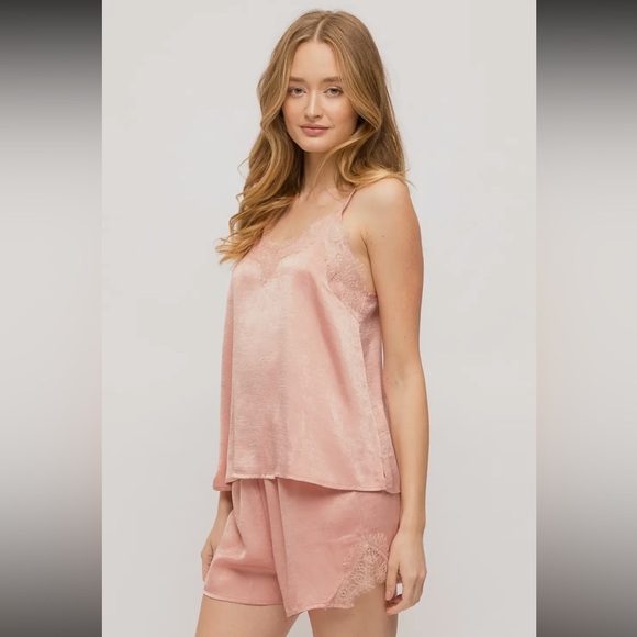Mystree Other - NWT Women’s Camisole Set Satin Lace Cami Short Set Coral Pink Summer Sleepwear